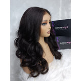 Hd lace 13x6 fitted cap ear tap wig in deep black with voluminous kinky wave and natural lace front for realistic wear