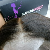 Dark brown hd lace 13x6 fitted cap ear tap wig with natural part and kinky wave displayed with branded packaging