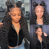 Hd lace 13x6 fitted cap ear tap wig with black curly water wave hair styled in two high buns