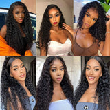 Black voluminous curly human hair extensions with natural lace front fitted cap ear tap wig water wave texture
