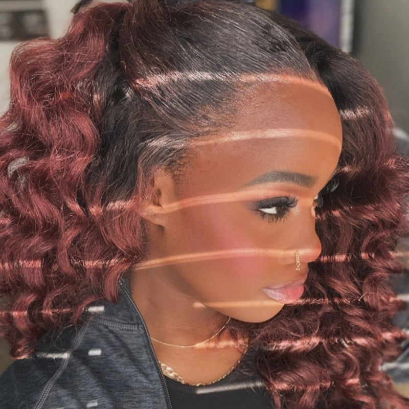 【Upgraded】PreCut 4-Line Invisible Strap 360 HD Lace Cinnamon Mocha Ombre  Color Wig - Kinky Wand Curl