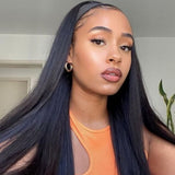 Black headband with a sleek smooth finish worn across the forehead for the joyce headband silk straight wig beginner friendly