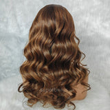 A lagos body wave wig with 13x6 hd lace m-shaped hairline in highlight brown color and medium-length waves