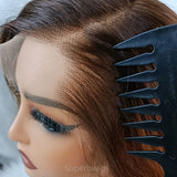 Brown human hair body wave wig with 13x6 hd lace front lace and highlight brown color side parting on mannequin