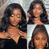 Black body wave human hair extensions with natural 13x6 hd lace front and m-shaped hairline for voluminous style
