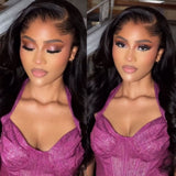 A body wave 13x6 hd lace front wig with a magenta glittery ruched halter neck top and m-shaped hairline 13x6 design