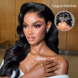Lagos black human hair wig with m-shaped hairline 13x6 hd lace front and voluminous body wave side parting style