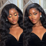 Black voluminous body wave human hair wig with 13x6 hd lace front and natural hairline 13x6 side parting