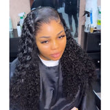 Black voluminous curly hair extensions with seamless lace front on a lagos m-shaped hairline 13x6 hd lace water wave wig