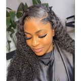 Black voluminous curly hair extensions with natural part and lagos m-shaped hairline 13x6 hd lace front wig