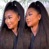 Lagos kinky straight 13x6 hd lace front wig in black with m-shaped hairline styled in a high ponytail with waves