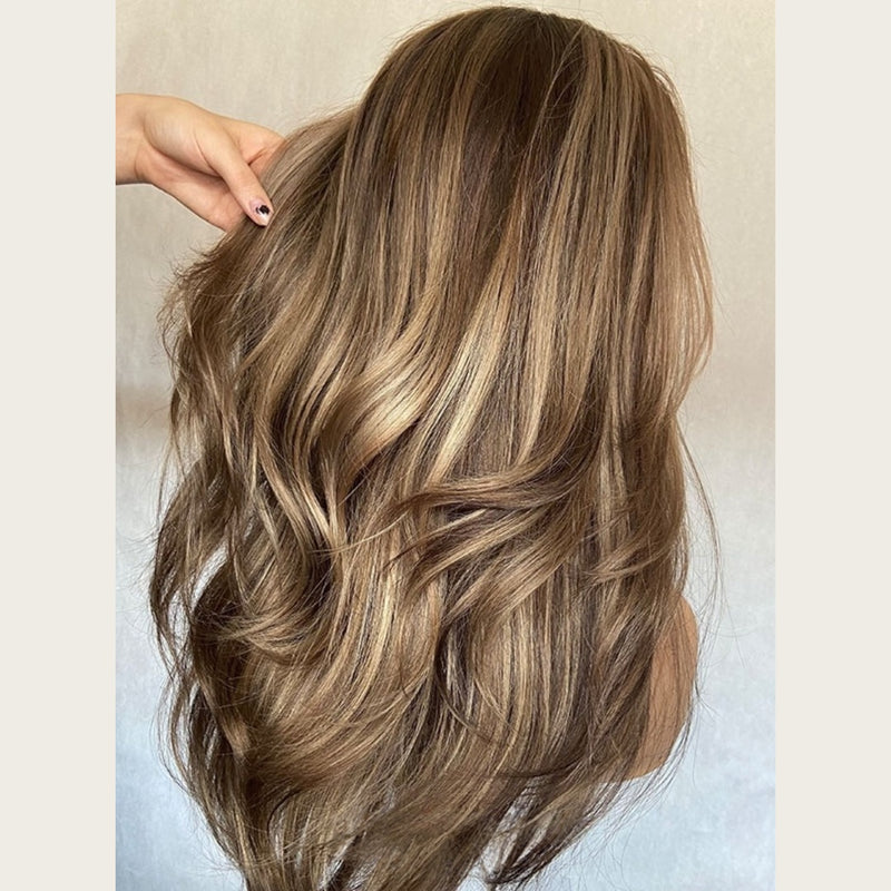 5x5/13x4 Transparent Lace Front Pre-plucked Hairline 150%180% Mushroom Blonde Balayage Wig - Layered Wavy