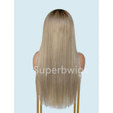 Blonde straight human hair wig with natural ash blonde ombre and pre-plucked 13x4 hd swiss lace for a seamless look