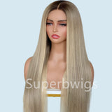 Long straight ash blonde ombre wig with 13x4 hd swiss lace and natural part made of 180% human hair