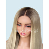 A long straight 13x4 hd swiss lace pre-plucked ash blonde ombre human hair wig with natural gradient color