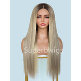 Long straight ash blonde ombre wig with pre-plucked natural part 13x4 hd swiss lace and silky texture human hair