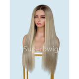 Long straight ash blonde ombre human hair wig with 13x4 hd swiss lace and pre-plucked natural part by lux hair