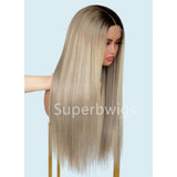 Long straight blonde wig with natural dark root smooth texture 13x4 hd swiss lace ash blonde ombre human hair