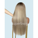 Long straight ash blonde ombre wig with 13x4 hd swiss lace and pre-plucked hairline made of 180% human hair