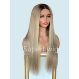 Long straight ash blonde ombre wig with 13x4 hd swiss lace and pre-plucked natural gradient roots to ends