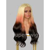 A long wavy ombre blonde red deep brown 13x4 hd swiss lace pre-plucked human hair wig by lux hair