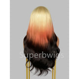A long wavy 13x4 hd swiss lace synthetic wig with ombre blonde red black pre-plucked hair for natural look