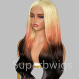 A long wavy human hair wig with 13x4 hd swiss lace in ombre blonde red to dark brown by lux hair