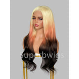 Long wavy synthetic wig with ombre blonde red black color featuring 13x4 hd swiss lace and peach highlights