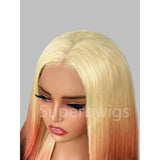 Blonde to coral ombre human hair lace front wig with straight silky hair and natural part 13x4 hd swiss lace