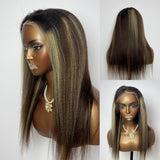 【Solo-Piece】Remy Hair High Quality 13x6 Full Frontal Wig 16inch 130% Highlight Color - Yaki Straight