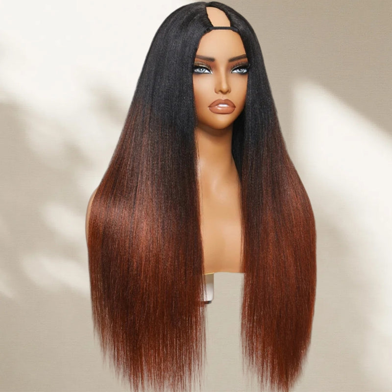 Upgraded EasiContour V-Part Glueless Reddish Brown Ombre Color Wig With New Drawcord - Light Yaki Straight
