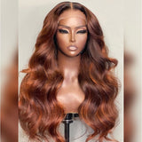 【Upgraded】PreCut 4-Line Invisible Strap 360 HD Lace Auburn Brown with Ginger Highlight Color Wig - Body Wave Wavy