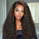 【Upgraded】PreCut 4-Line Invisible Strap 360 HD Lace Golden Brown Highlight Color Wig - Water Wave