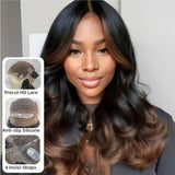 【Upgraded】PreCut 4-Line Invisible Strap 360 HD Lace Highlight Color Wig - Body Wave Wavy