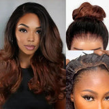 【Upgraded】PreCut 4-Line Invisible Strap 360 HD Lace Ombre Brown Color Wig - Yaki Wave