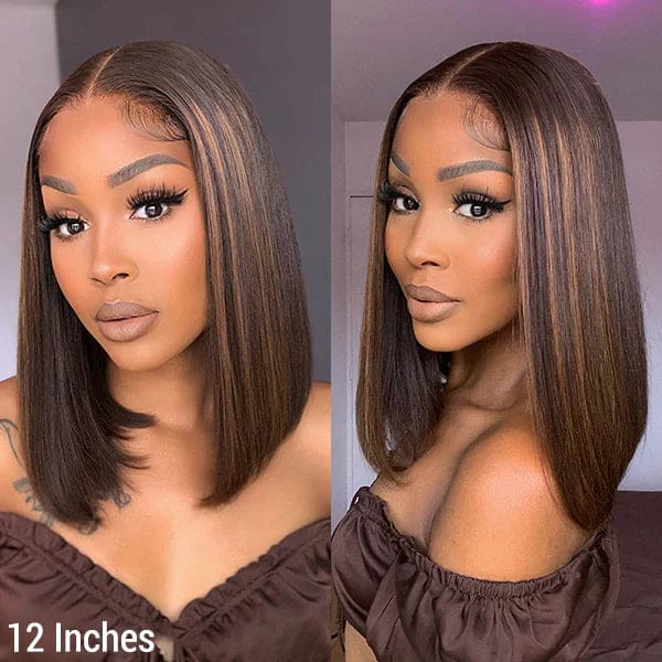 Brown Highlight Straight 13X6 Lace Front Pre-plucked Human Hair Bob Wig