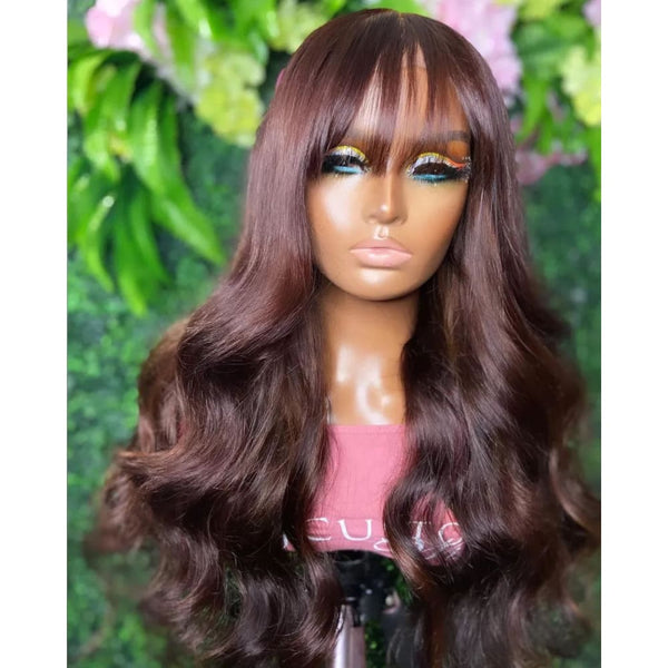 MILLIE Brown Body Wave Wigs With Bang  13*4 Lace Front Wig Human Hair Wig