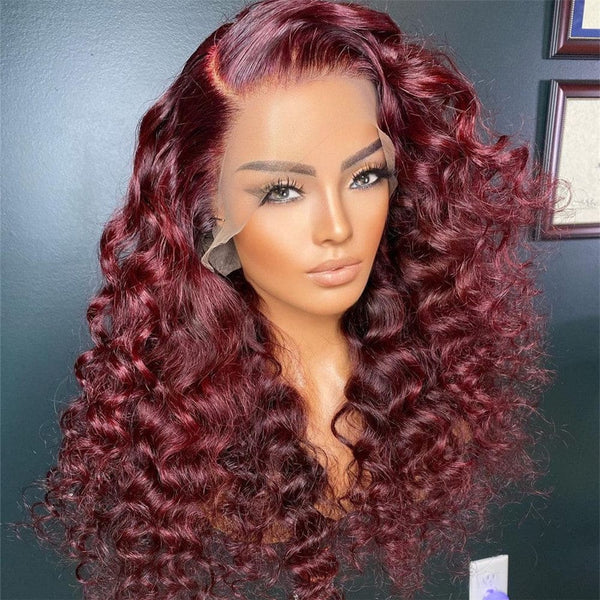 Reese Burgundy Red Preplucked Water Wave 13x6 T Parting Lace Wig